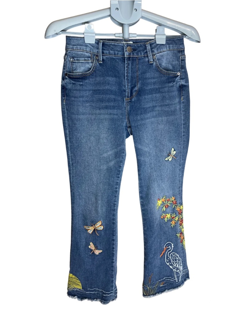 Driftwood Row Flare Jeans Women’s 4 Embroidered Heron Dragonfly Floral Boho